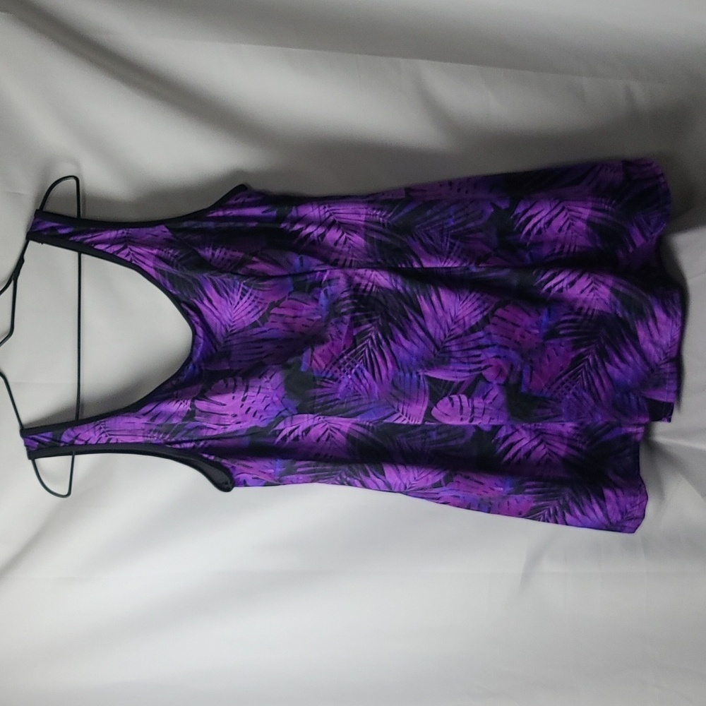 NWT Swimsuits For All Womens Swimdress Purple Black Blue Tropical Leaf Bra Sz 24